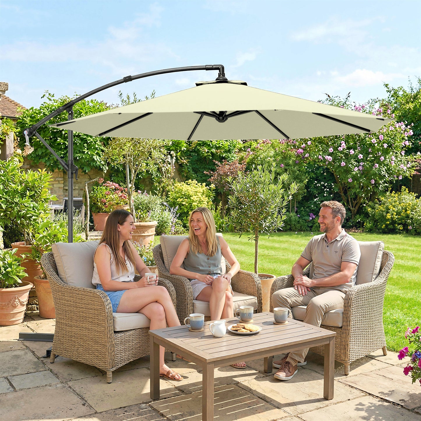 3m Overhanging Cantilever Parasol, with Cross Base - Beige