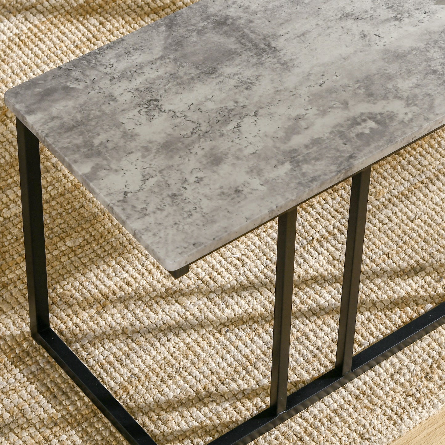 Dining Table and Chairs Set for 4 People, Concrete Effect Kitchen Table and Bench Set with Steel Frame