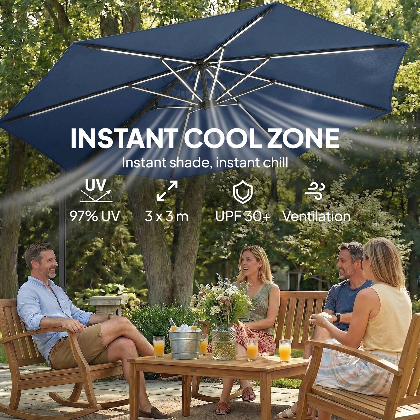 3 m Garden Cantilever Parasol with LED Solar Light, Round Overhanging Umbrella with 360° Rotation, Cover, Navy Blue