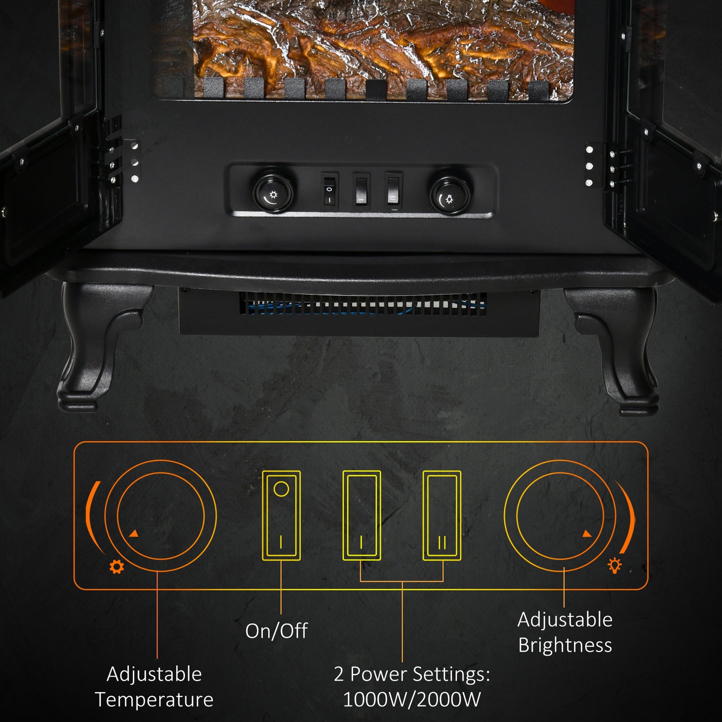 Electric Fireplace Stove Heater with LED Fire Flame Effect, Double Door, Freestanding & Portable with Overheat Protection