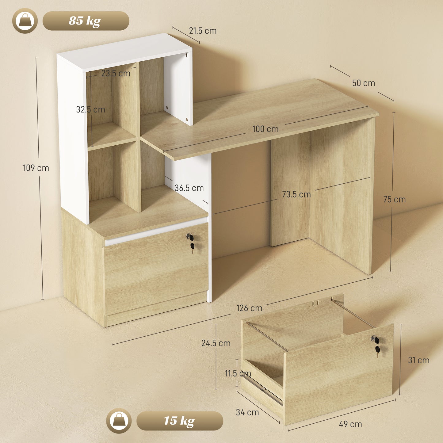Computer Desk, Office Desk with Bookshelf, File Drawer and Legal Hanging File Holders, Oak Wood Effect