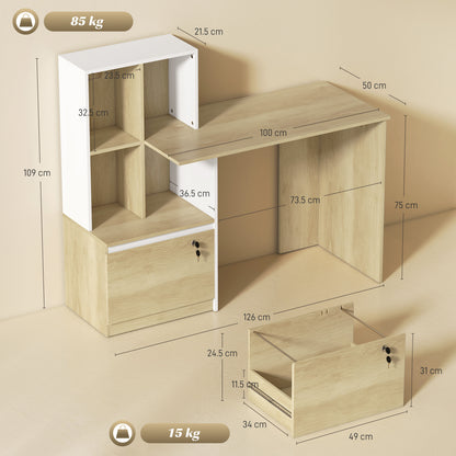 Computer Desk, Office Desk with Bookshelf, File Drawer and Legal Hanging File Holders, Oak Wood Effect
