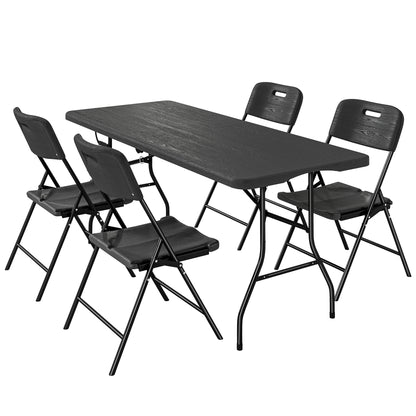 5 Piece 6ft Foldable Table and Chairs, Portable Picnic Table Set with 4 Chairs, Waterproof Top and Steel Frame, Black