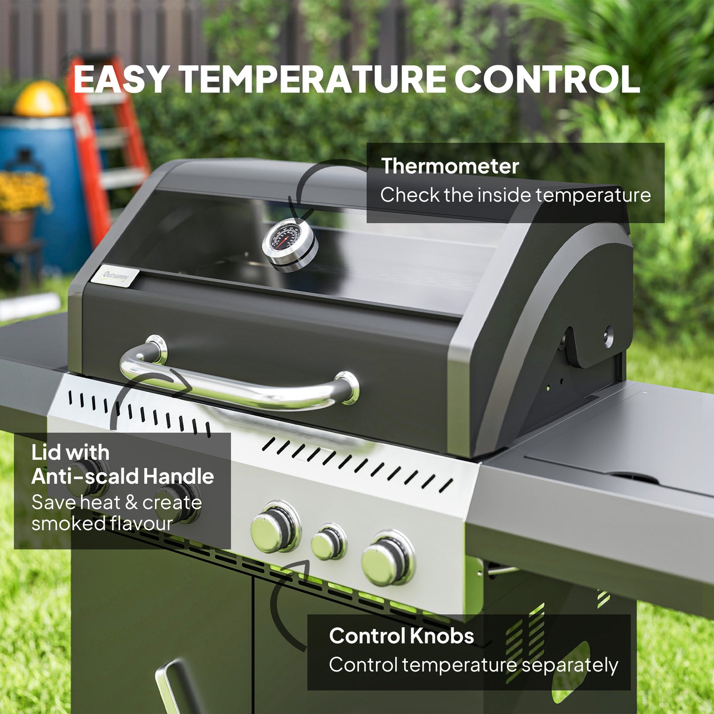 4+1 Burner Gas BBQ Grill with Clear View Lid, Portable Gas Barbecue Grill with Built-in Thermometer, Side Table, Cabinet