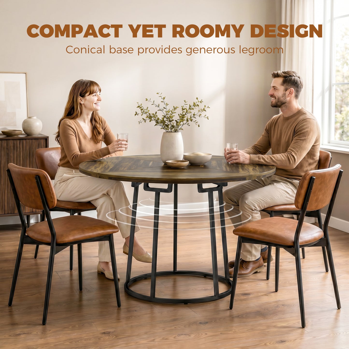 Dining Table Space Saving Kitchen Table Spliced Tabletop Conical Metal Base 120 cm Round Rustic Brown
