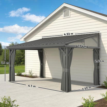 4.3 x 3 m Garden Pergola with Galvanised Steel Roof, Lean to Pergola Gazebo with Netting Curtains, Dark Grey