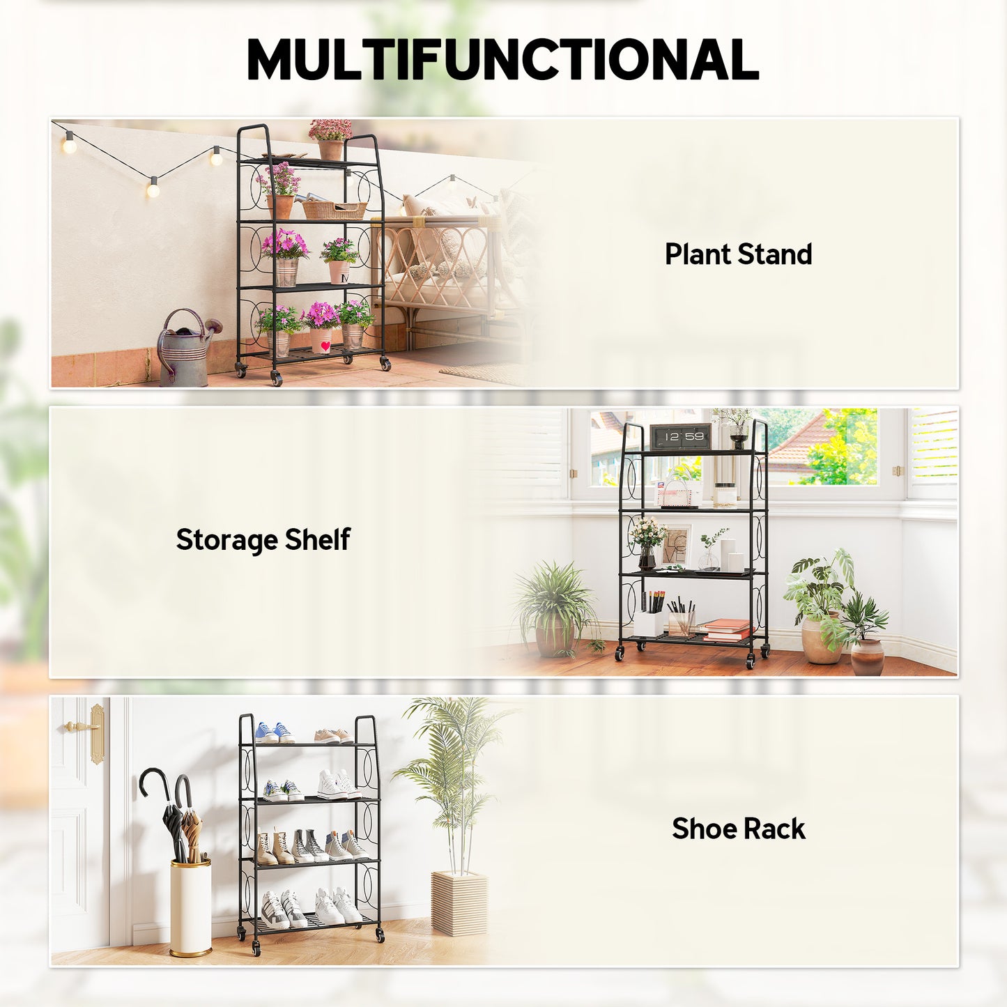 4-Tier Metal Plant Stand, Heavy Duty Ladder Shelf Potted Plants Display Rack with Lockable Wheels