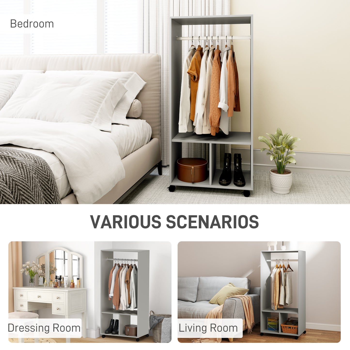 Open Wardrobe on Wheels, Bedroom Wardrobe with Clothes Hanging Rail, 2 Storage Shelves, Mobile Garment Rack for Cloakroom