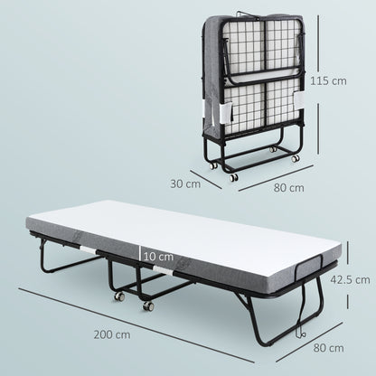 Folding Bed with 10cm Mattress, Portable Foldable Guest Bed with Sturdy Metal Frame on Wheels