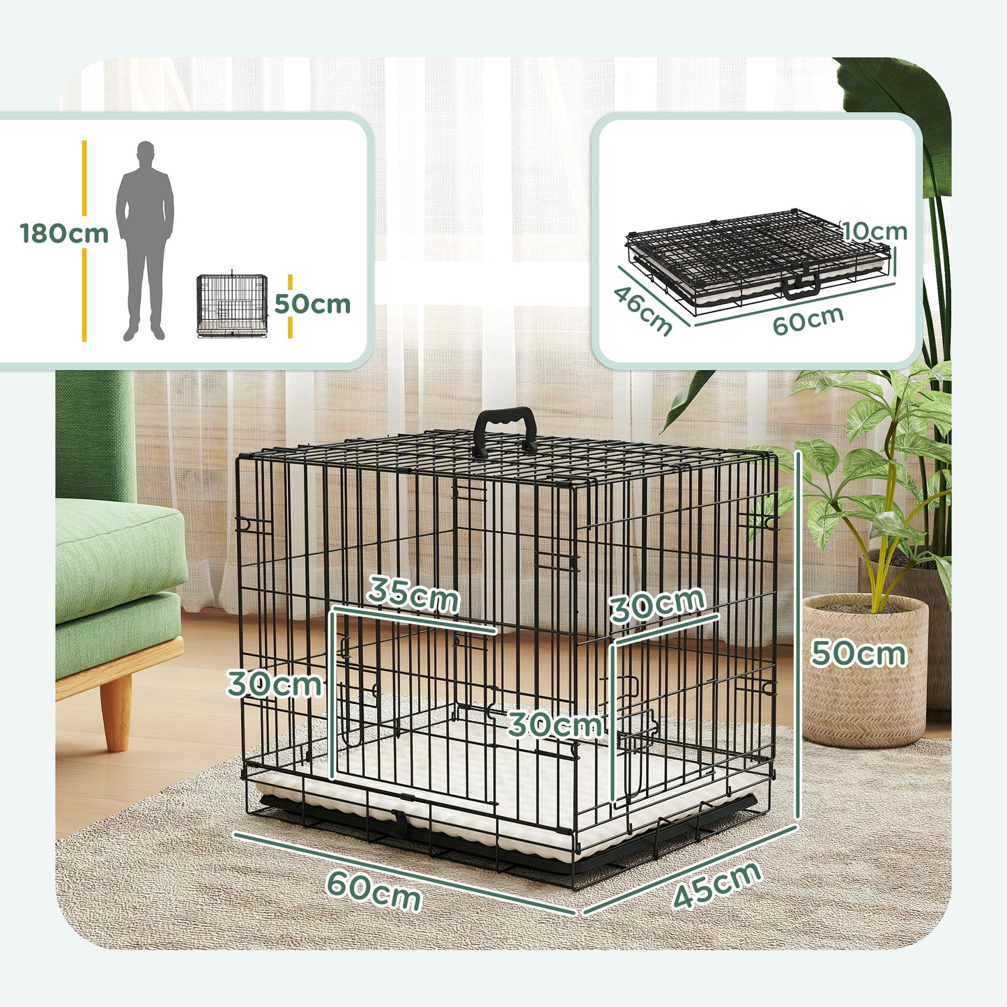 Foldable Dog Crate with Two Doors with Tray, Soft Cushion, for Extra Small Dogs, 60 x 45 x 50, Black