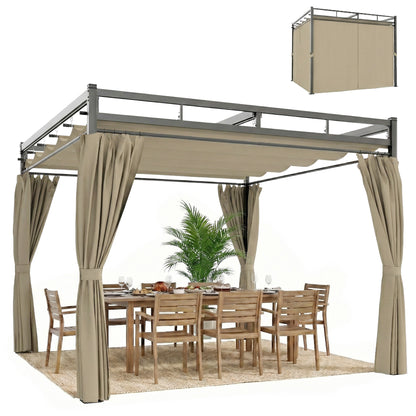 3 x 3 m Pergola with Retractable Roof Canopy and Curtains, UPF30+ Metal Frame Garden Pergola Gazebo Sun Shade, Khaki