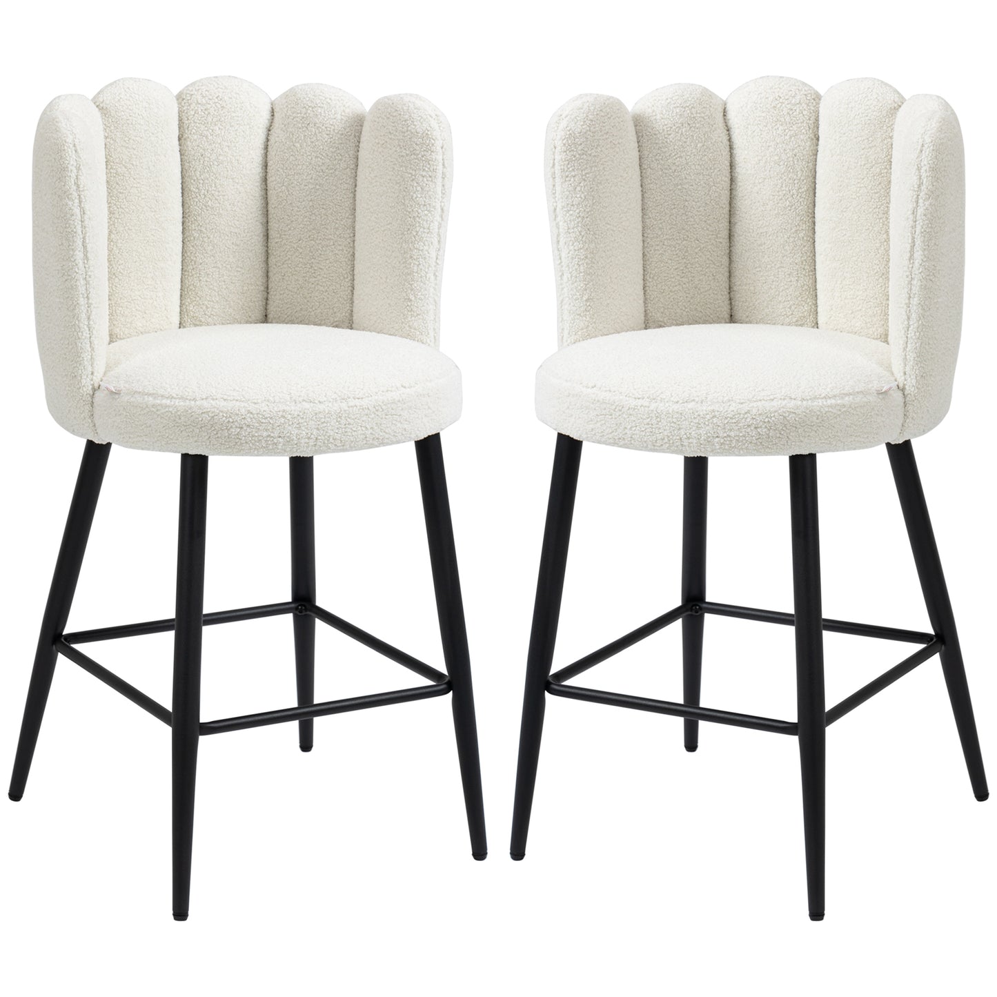 Bar Stools Set of 2, Modern Boucle Upholstered Shell Barstools, Breakfast Bar Chairs with Backrest