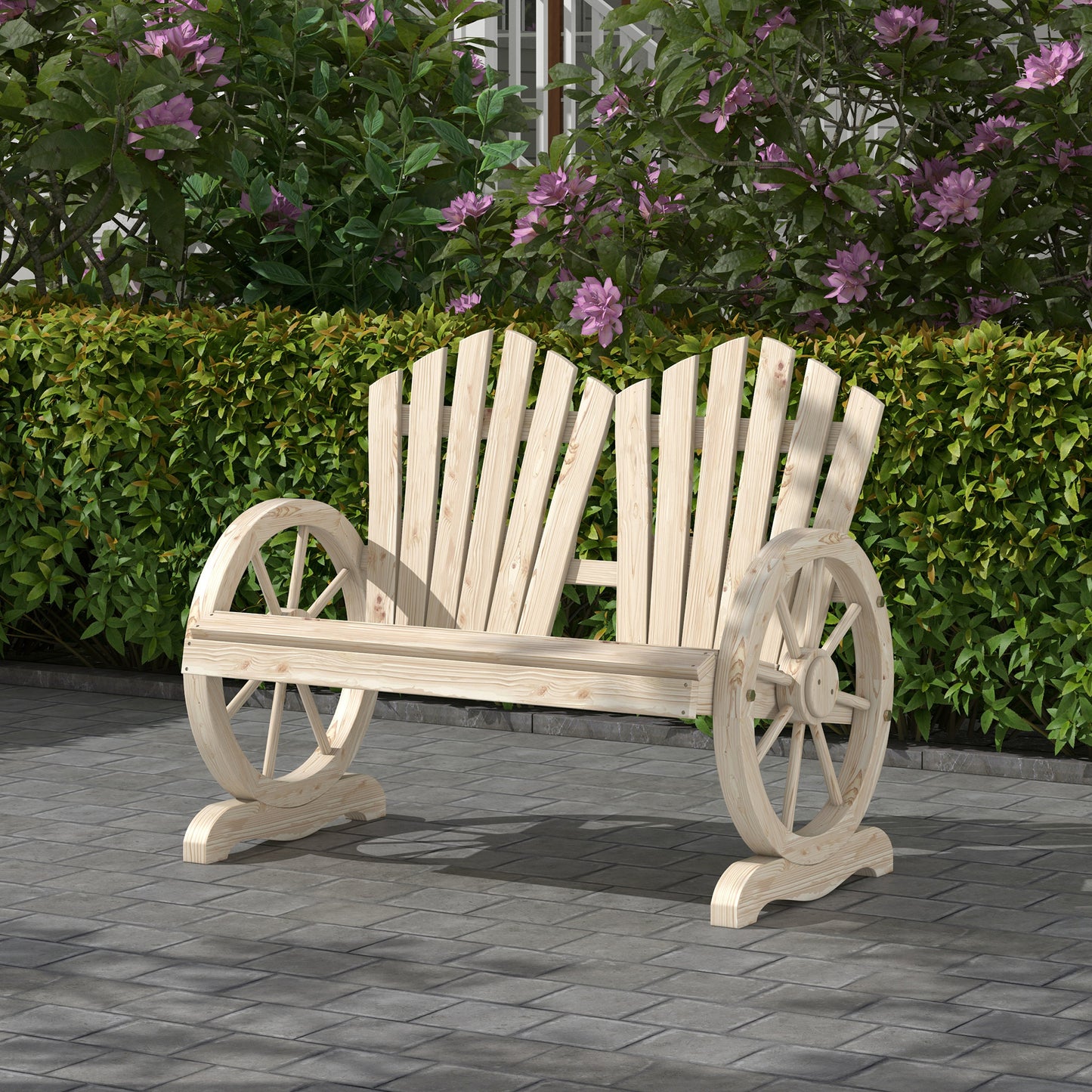 Fir Wood Love Seats with Wheel-Shaped Armrests, Large Load-Bearing Chair, Natural Wood Finish