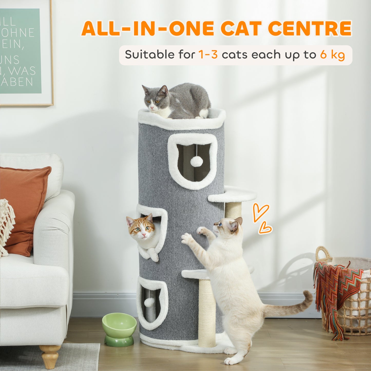 101 cm Cat Tree with Sisal Scratching Posts, 3 Barrel Condos, 3 Platforms, for Indoor Cats to Rest and Play