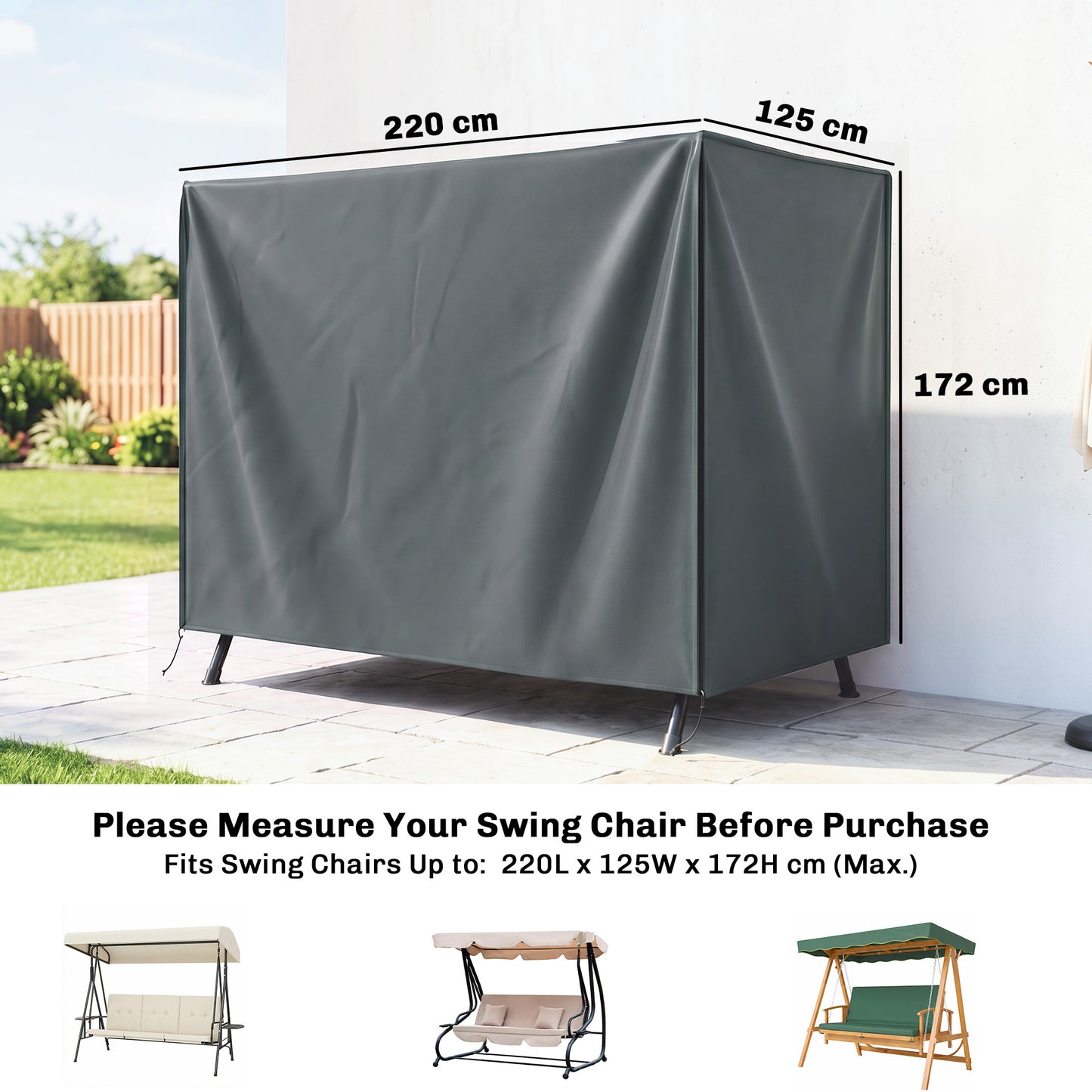220 x 125cm Three-Seater Swing Chair Protective Cover - Grey