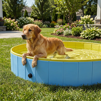 Foldable Dog Pool for Puppies and Ducks Dog Paddling Pool Bath Tub, Blue, 140 x 30cm