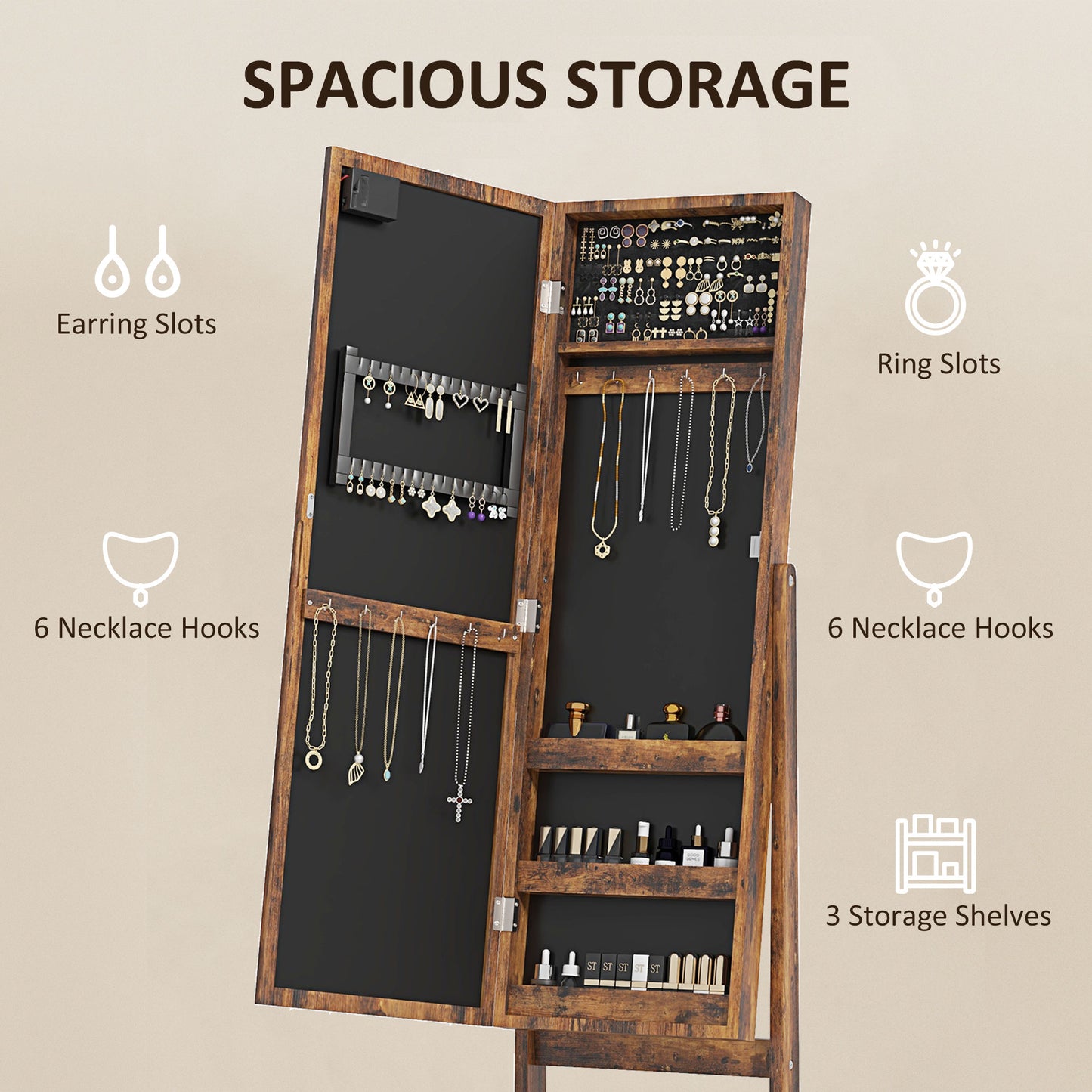 Freestanding Mirrored Jewellery Storage Cabinet - Wood-Effect