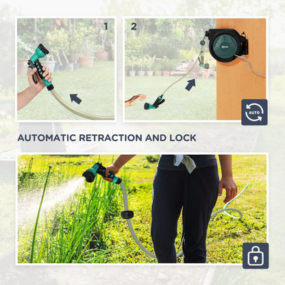 Retractable Hose Reel Wall Mounted, 30+2m Garden Hose Pipe Reel with Lock, Auto Rewind, 7 in 1 Spray Nozzle