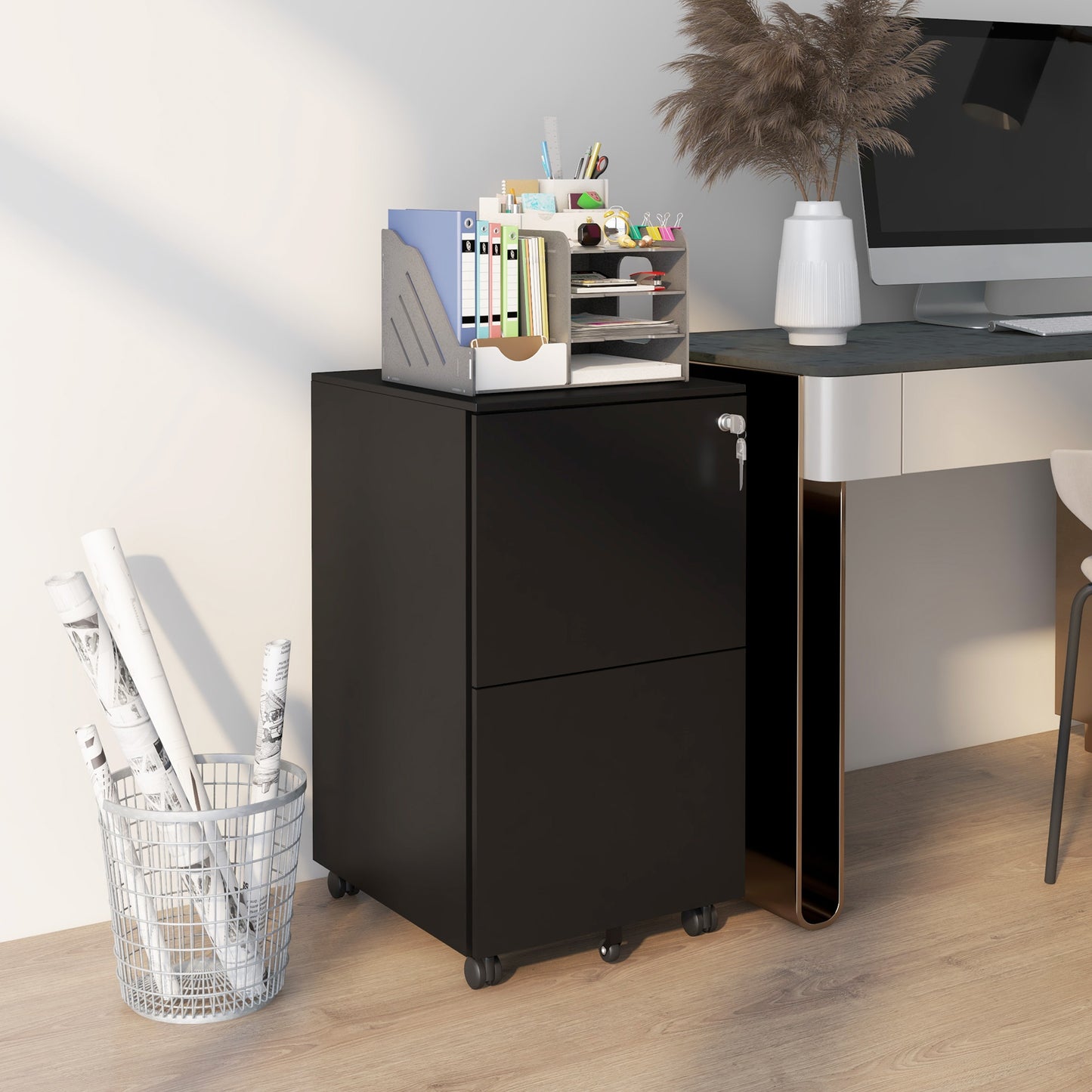 2-Drawer Filing Cabinet with Lock and 5 Wheels, Steel Mobile File Cabinet, for A4, Legal and Letter Size, Pre-Assembled Body