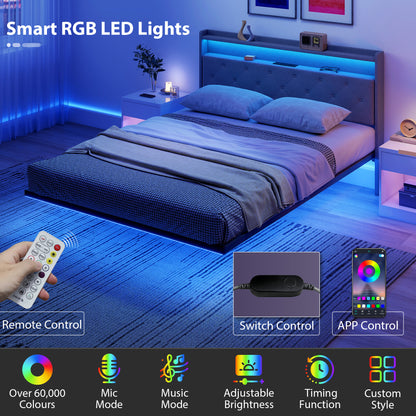 Floating Bed Frame, Upholstered 5ft King Size Bed, Platform Bed with RGB LED Lights and Charging Station, Grey