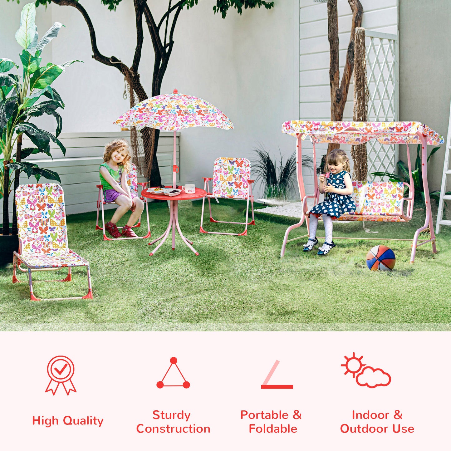 Kids Outdoor Bistro Table and Chair Set Butterfly Pattern Garden Patio Backyard with Removable & Height Adjustable Parasol