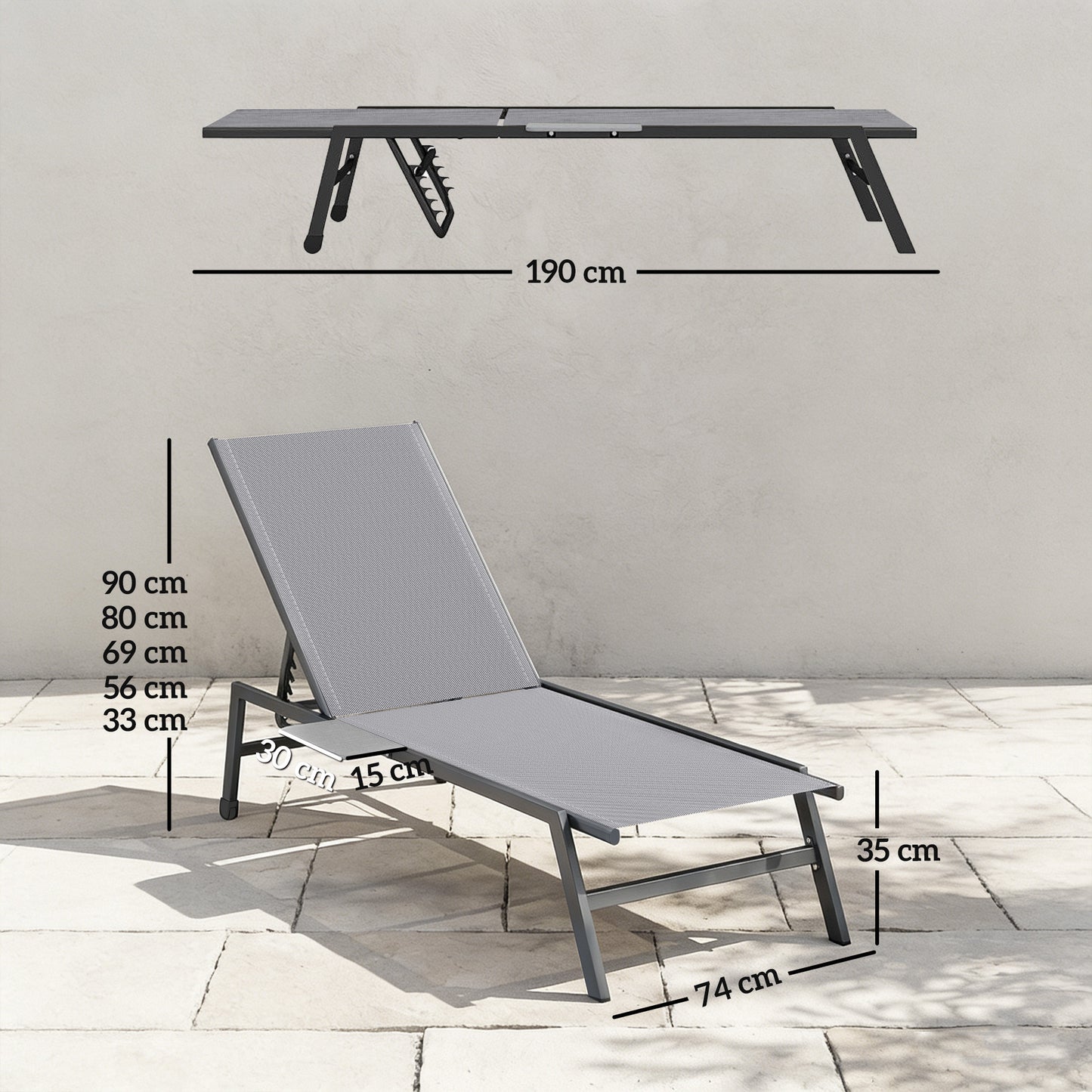 Sun Loungers Set of 2 with Side Tray Table, Garden Recliners with 5-Position Adjustable Backrest, 2 Wheels, Grey