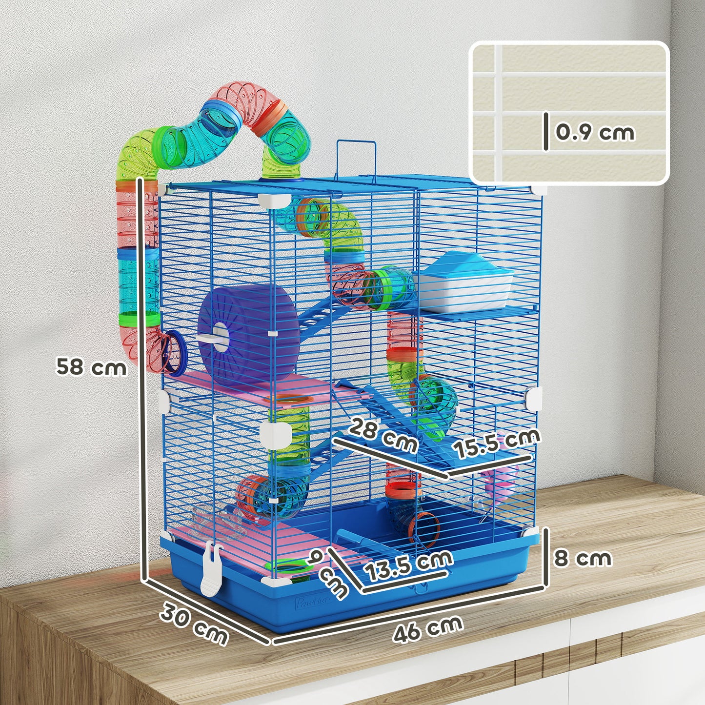 5 Tier Hamster Cage Carrier Habitat w/ Exercise Wheels, Tunnel, Blue