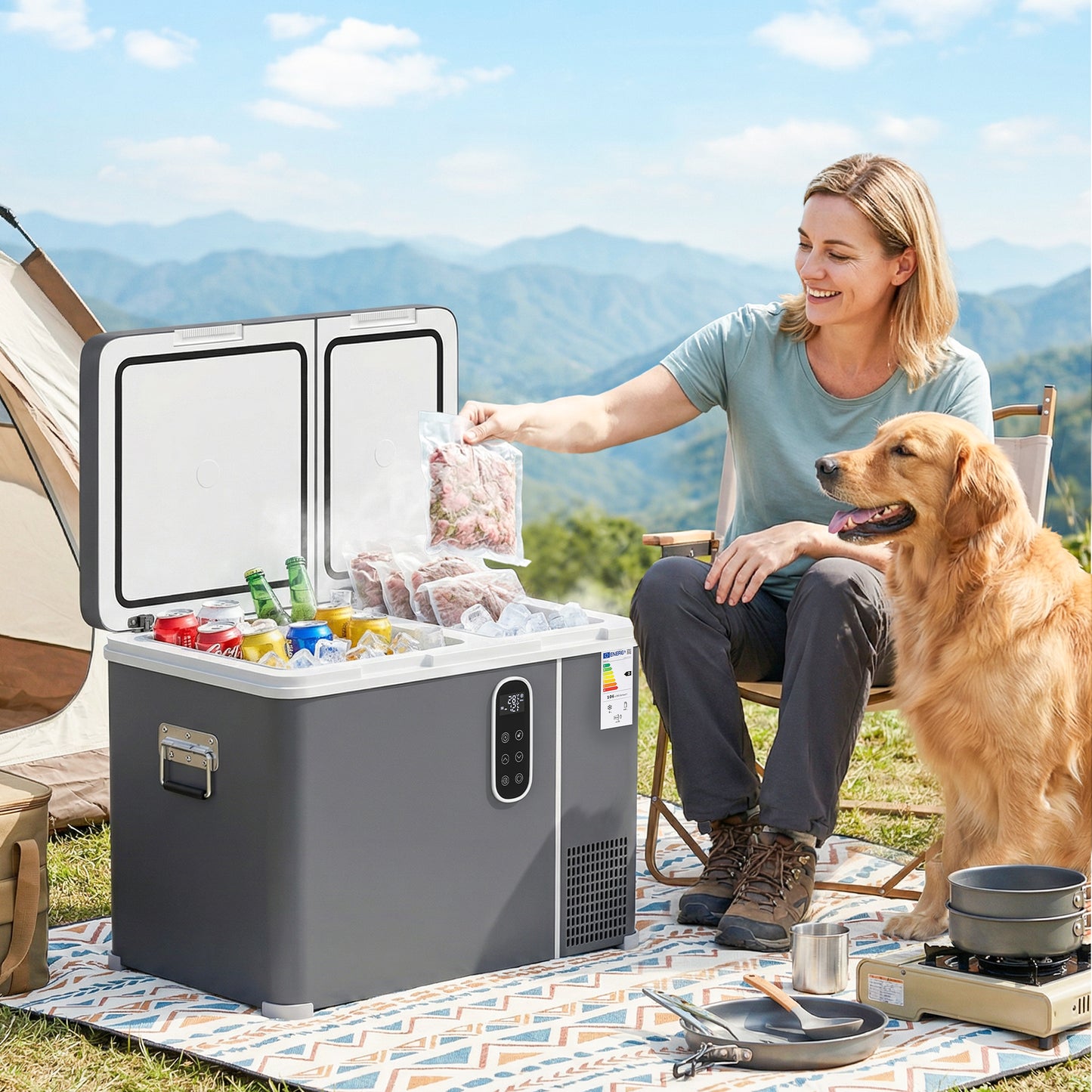 45L Compressor Car Fridge Freezer, Dual Zone Camping Refrigerator with App Control, Grey