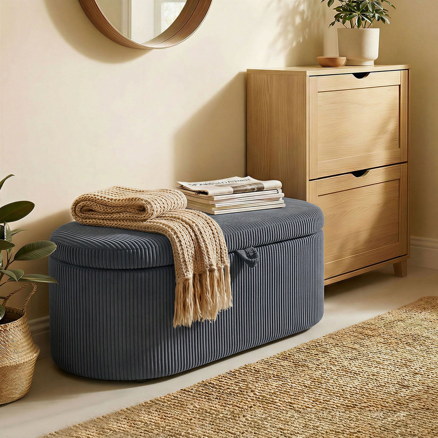 Storage Ottoman, Corduroy Upholstered Ottoman Storage Box with Padded Seat, 105 x 51 x 49 cm, Dark Grey