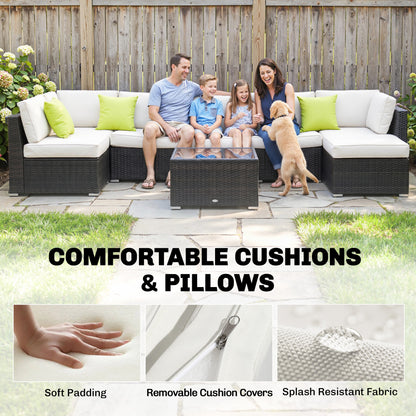 7-Seater PE Rattan Corner Sofa Set, Garden Furniture Set, Patio Wicker Sofa Seater w/ Cushion