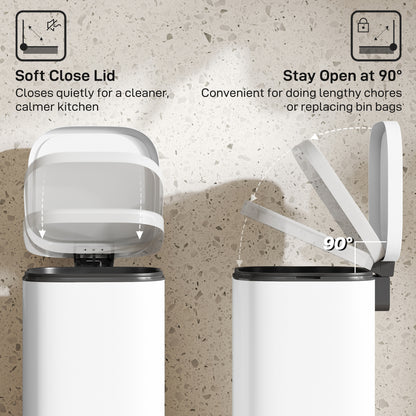30L Kitchen Bin, Compact Pedal Bin with Soft-Close and Stay-Open Lid, Removable Bucket for Kitchen, Home, Office, White