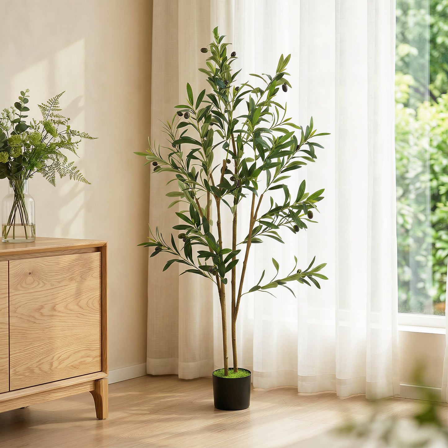 Decorative Artificial Plant, 120 cm Silk Olive Tree with 303 Leaves in Cement Pot, Fake Plant
