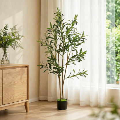 Decorative Artificial Plant, 120 cm Silk Olive Tree with 303 Leaves in Cement Pot, Fake Plant