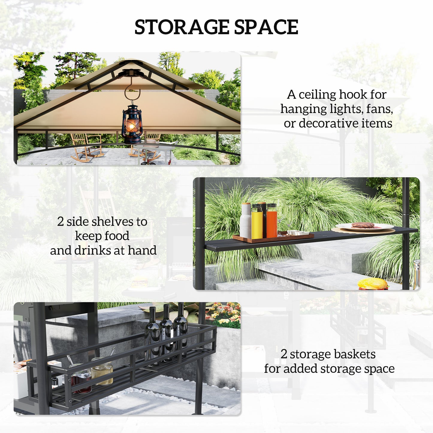 240 x 150cm Grill Gazebo Canopy, Double Tiered Outdoor BBQ Gazebo Shelter with 2 Side Shelves, Storage Baskets