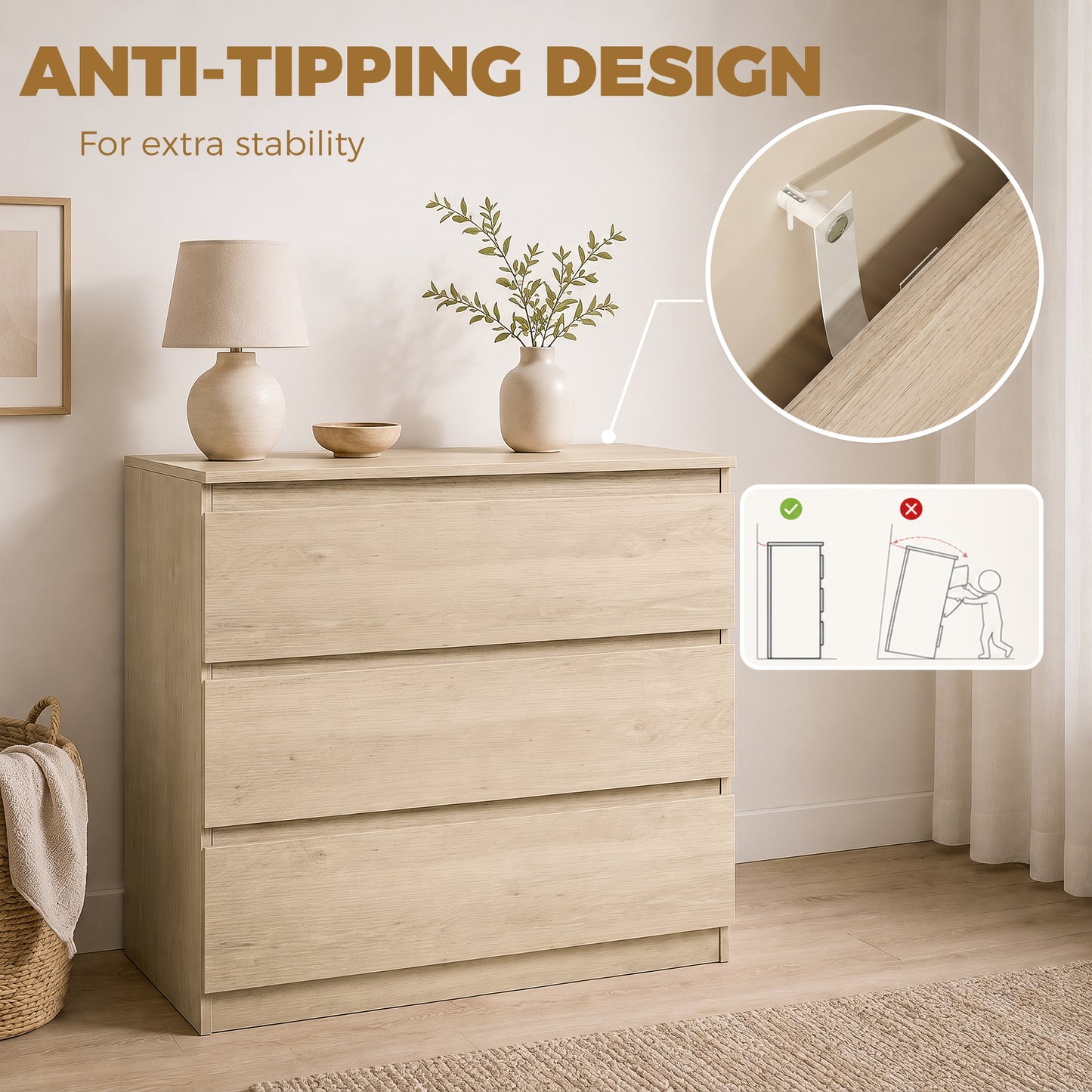 3-Drawer Storage Organiser Unit, Chest of Drawers for Bedroom, Living Room, 80 x 39 x 73cm, Oak