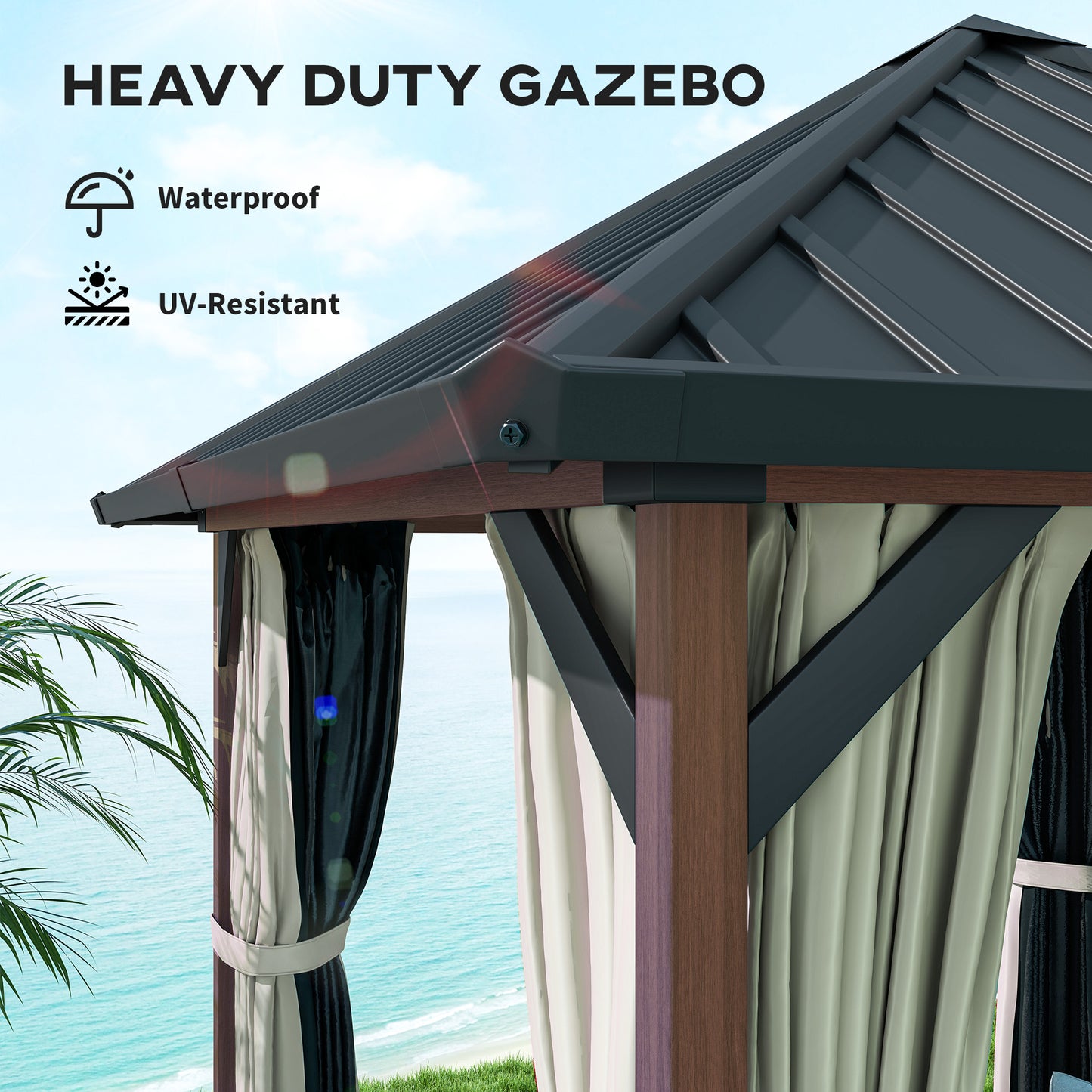 3 x 3(m) Hardtop Gazebo with Galvanised Steel Roof and Water Gutter, Waterproof Permanent Pavilion Garden Gazebo