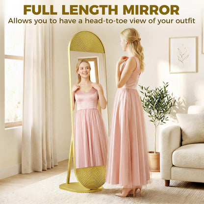 50 x 161 cm Wavy Full Length Mirror, Free Standing Mirror with Metal Frame and Solid Base, Gold Tone