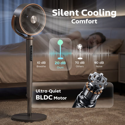 20dB Silent Standing Fan, 70°+90° Auto Oscillating Fan with 12 Speeds, LED Light, Air Circulator, Remote Control, 12H Timer