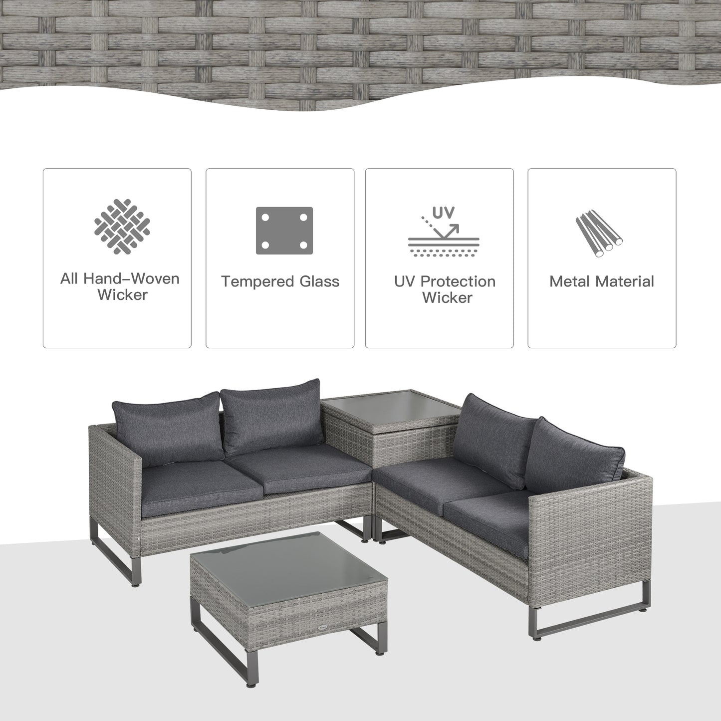 4 Pieces Rattan Garden Furniture Set, 4 Seater Garden Sofa Set with Storage Box, Loveseats and Glass Top Table