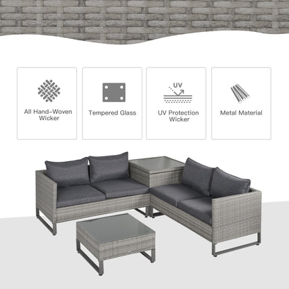 4 Pieces Rattan Garden Furniture Set, 4 Seater Garden Sofa Set with Storage Box, Loveseats and Glass Top Table
