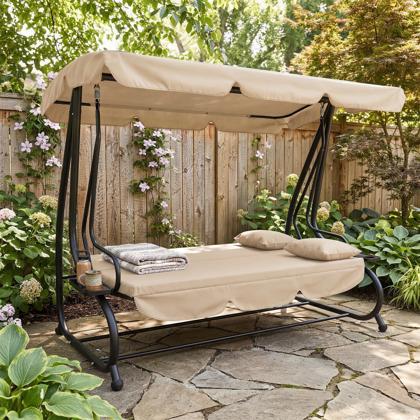 Three-Person garden Swing Chair, with Adjustable Canopy - Light Brown