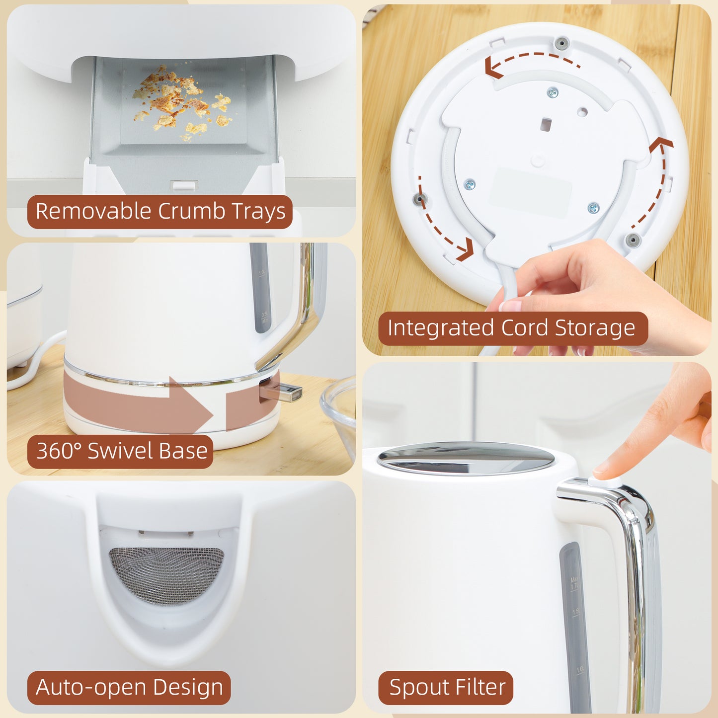 Kettle and Toaster Set, 1.7L 3000W Fast Boil Kettle & 2 Slice Toaster Kitchen Set with 6 Level Browning Controls, Defrost