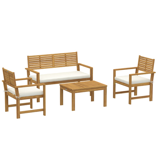 4 Seater Wooden Garden Furniture Set with Loveseat, Armchairs, Table, Acacia Wood Garden Sofa Set, Cream White