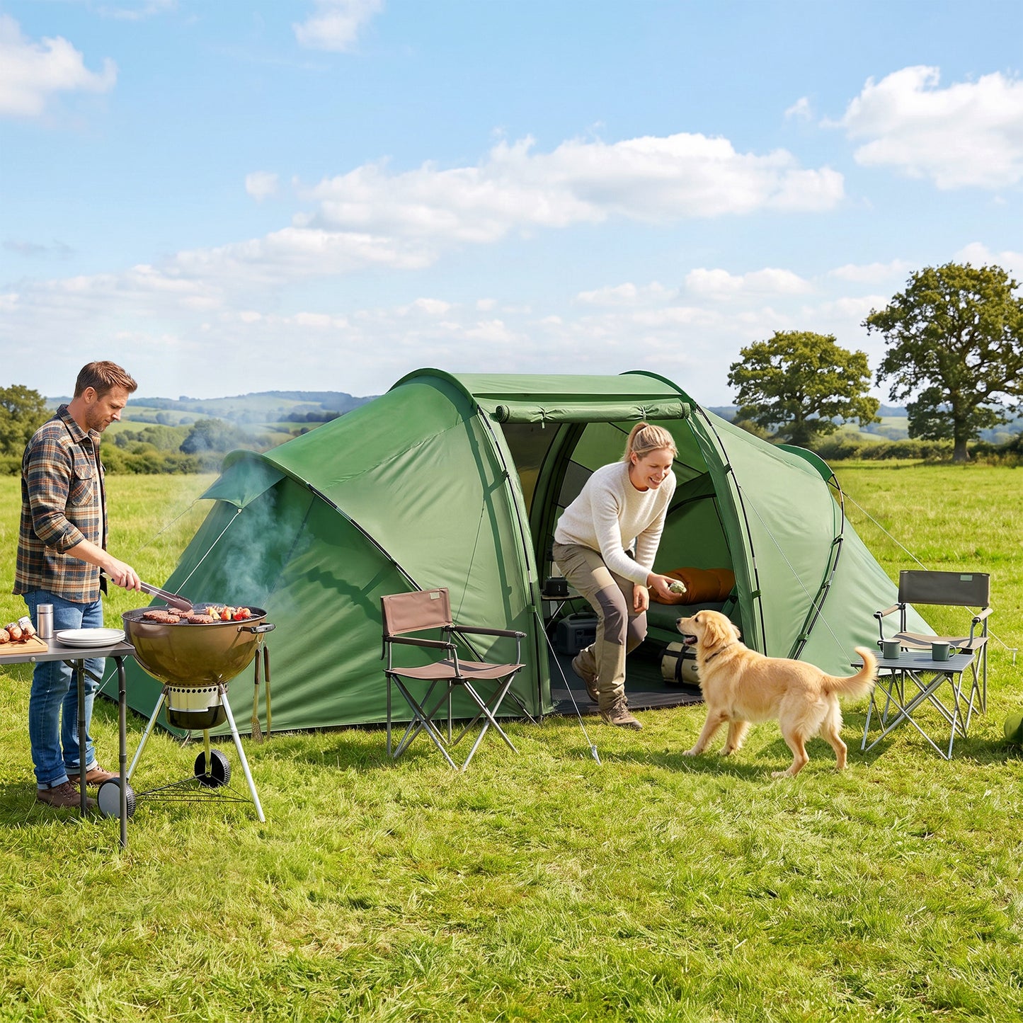 4 Man Camping Tent, UV Protection Tunnel Tent with 2 Bedrooms and Living Area, Large Hiking Sun Shelter, 430 x 240 x 170 cm