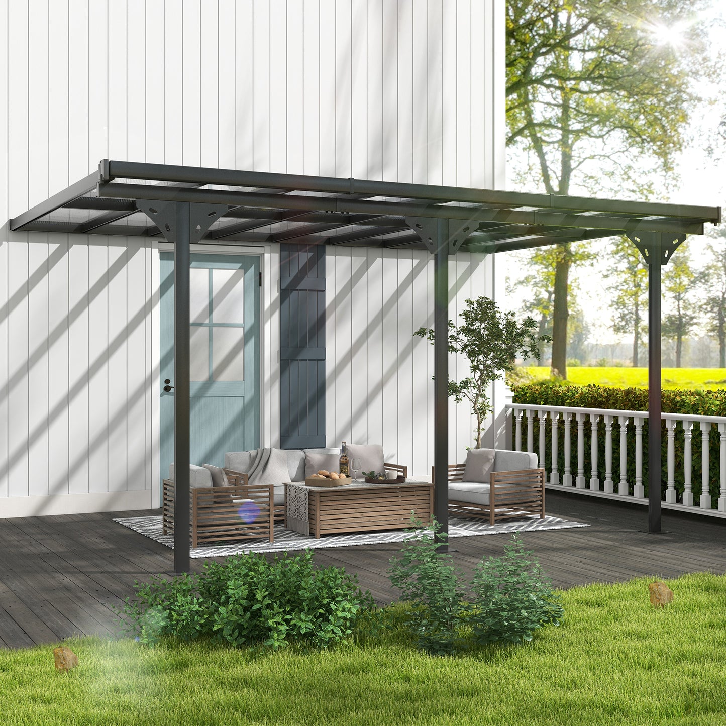 4.35 x 3m Outdoor Patio Gazebo Pergola, Retractable Pergola Canopy Aluminum Post & PC Roof, Grey