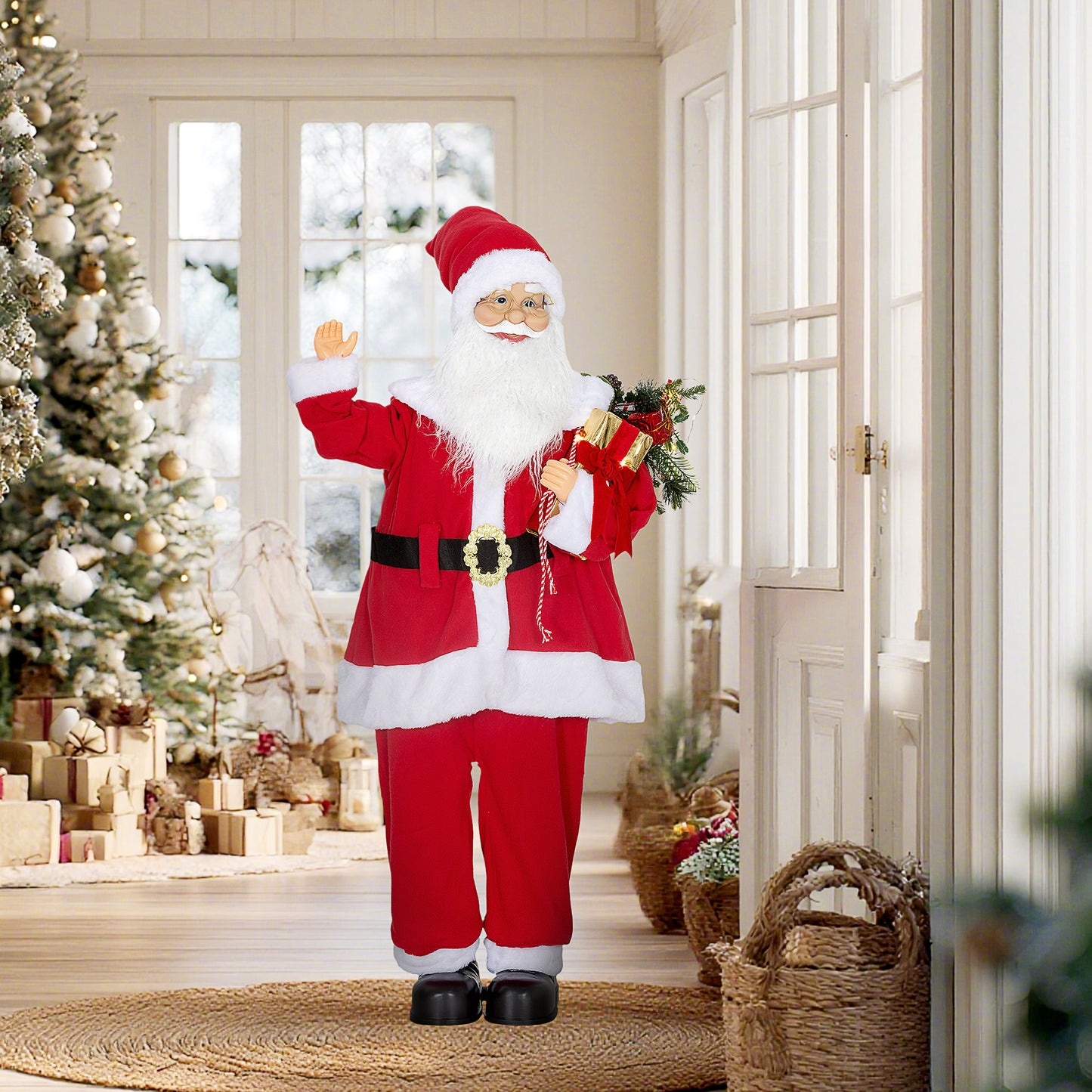 Life Size Santa Claus Christmas Decoration, Voice-Activated with Twinkling LED Lights, Red