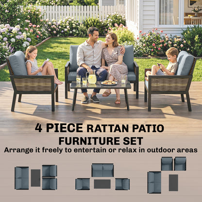 4 Seater Rattan Garden Furniture Set with 2 Armchairs, Loveseat, Coffee Table, Garden Sofa Set with Cushions, Grey