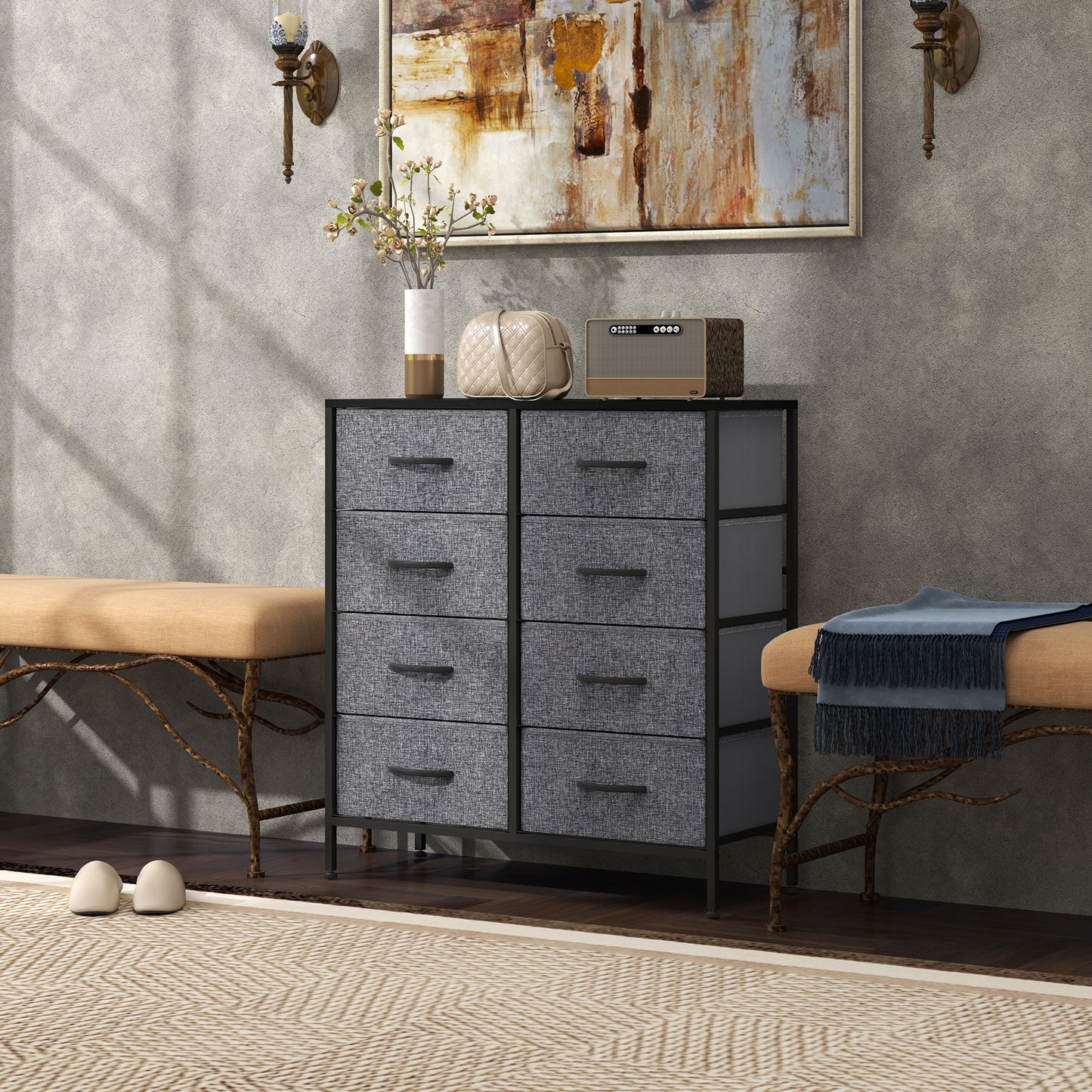 Fabric Chest of Drawers, Industrial Bedroom Dresser with 8 Fabric Drawers, Steel Frame and Wooden Top for Nursery