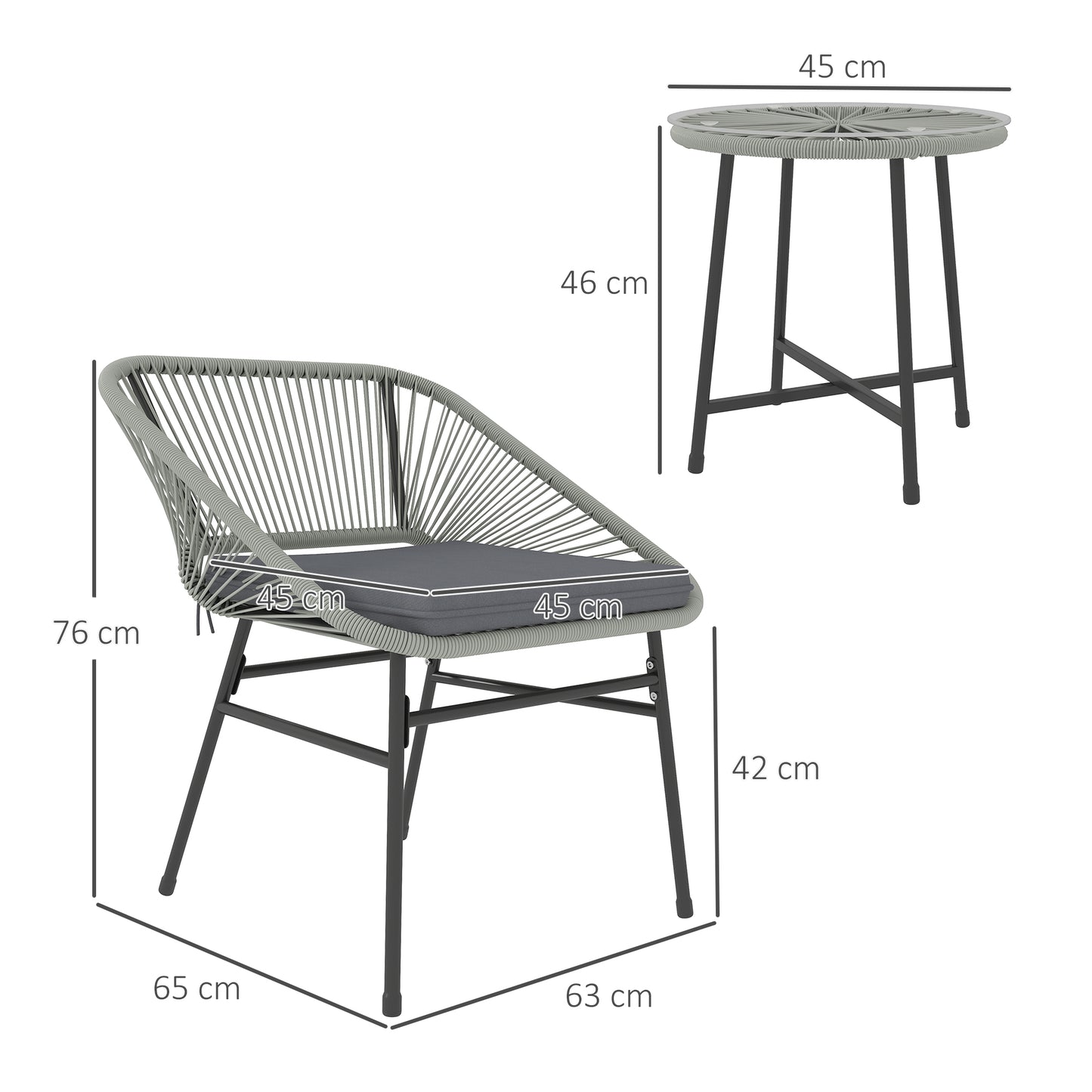 3 Pieces Rattan Bistro Set, Wicker Small Garden Table and Chairs Set with Cushions and Glass Top Coffee Table