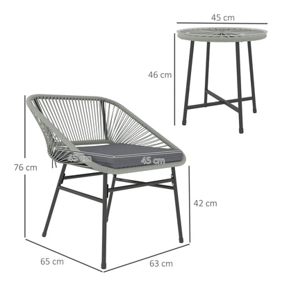 3 Pieces Rattan Bistro Set, Wicker Small Garden Table and Chairs Set with Cushions and Glass Top Coffee Table
